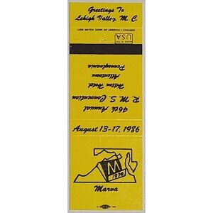Vintage Matchbook Cover Marva MC RMS 1986 Lehigh Valley PA Convention Yellow